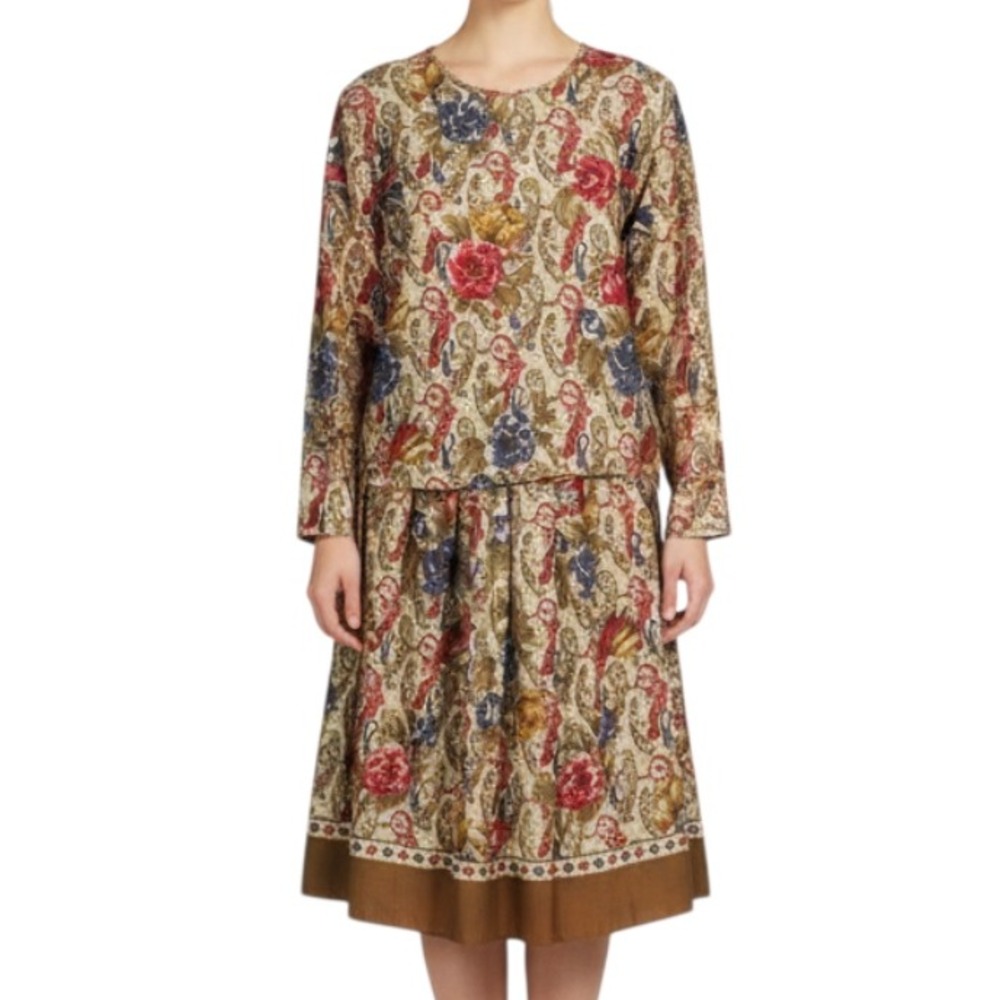 VTG CRAZY HORSE 2-Pc. TWILL Floral Print BLOUSE/PLEATED SKIRT Set Outfit Sz 12